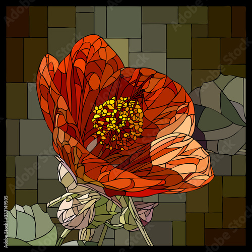 Vector square mosaic with blooming red abutilons flower in stained glass window.