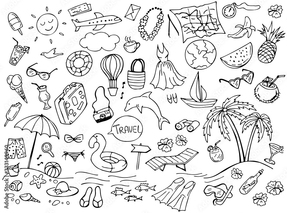 Set of summer doodles isolated on white. Travel and vacation emblems and symbols. Vector illustration. Perfect for greeting card, postcard, print, coloring book.