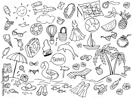 Set of summer doodles isolated on white. Travel and vacation emblems and symbols. Vector illustration. Perfect for greeting card, postcard, print, coloring book.