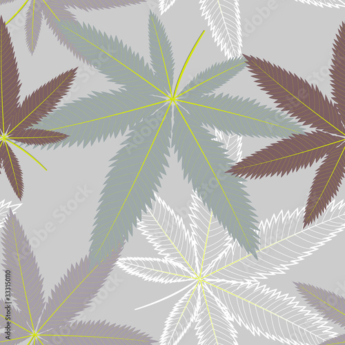 Pattern with hemp leaves of different colors on a beige background vector illustration, textile, texture, print, packaging, upholstery
