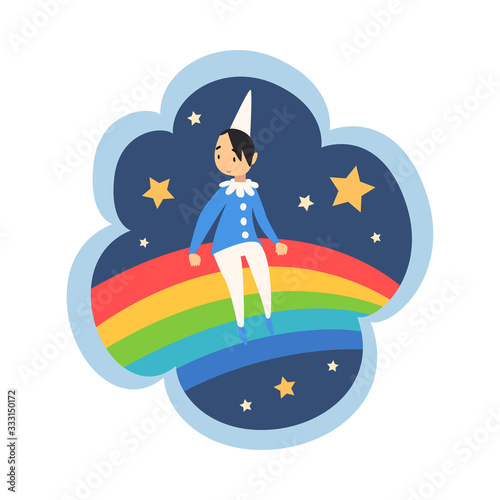 Kid Dreams, Sweet Dream Cloud with Cute Boy Sitting on Rainbow, Childhood Fantasy Vector Illustration