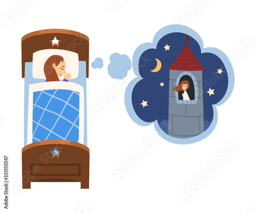 Cute Girl Sleeping in Bed and Dreaming About Princess Sitting in Castle Tower, Kid Lying in Bed Having Sweet Dreams Vector Illustration