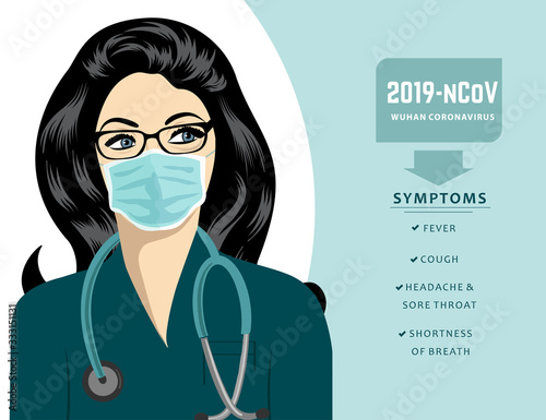Doctor with mask explain the symptoms of coronavirus. Covid-19. Vector.