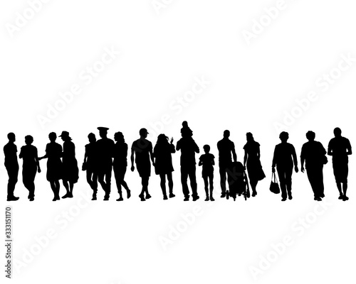 Big crowds people on street. Isolated silhouette on a white background