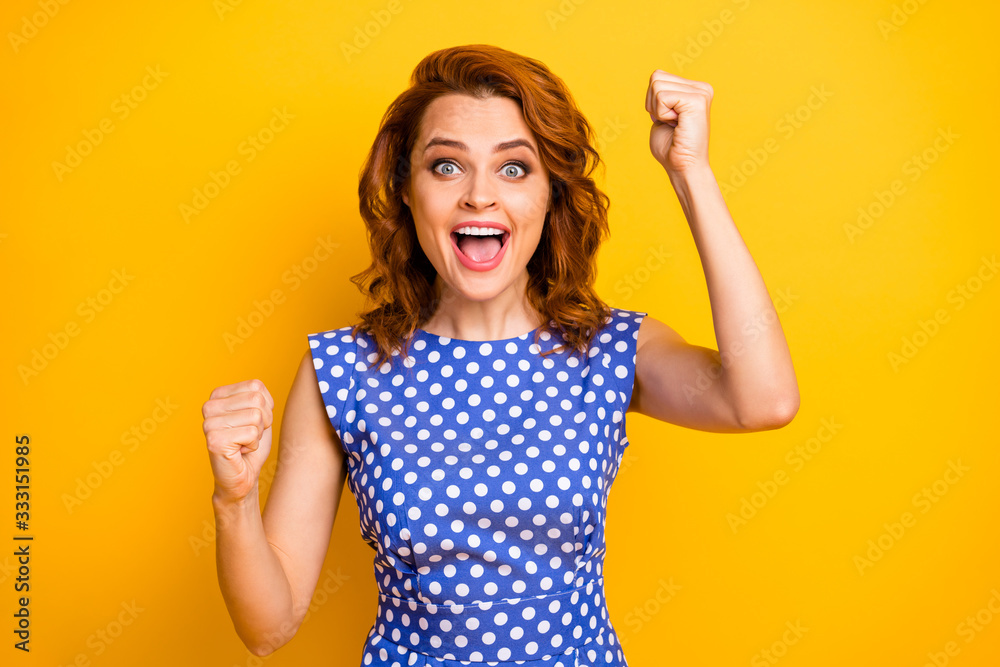 Close-up portrait of her she nice attractive lovely overjoyed glad cheerful cheery wavy-haired girl celebrating great victory isolated on bright vivid shine vibrant yellow color background Close-up portrait of her she nice attractive lovely overjoyed glad cheerful cheery wavy-haired girl celebrating great victory isolated on bright vivid shine vibrant yellow color background