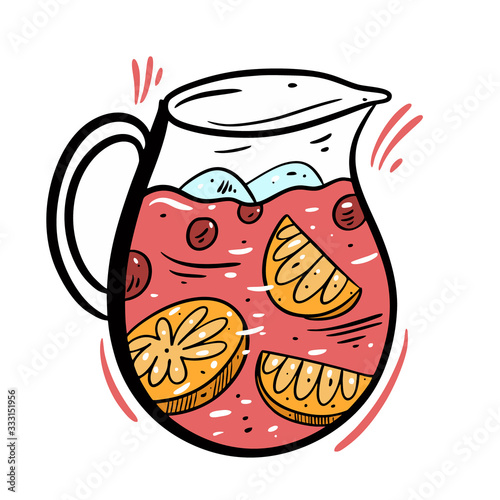 Sangria alcohol cocktail drink in jug. Hand drawn flat style. Cartoon vector illustration. Isolated on white background.