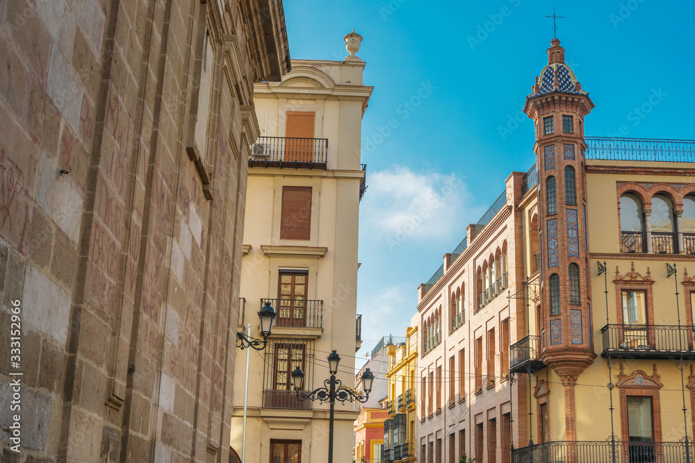SEVILLA, SPAIN - January 13, 2018: Street view of downtown in Seville city, Spain