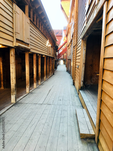 Narrow alley in the Bryggen Hanseatic Quarter in Bergen Norway - Architecture Photography