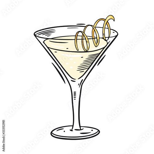 Vesper cocktail with lemon zest in glass. Hand drawn flat style. Cartoon vector illustration. Isolated on white background.