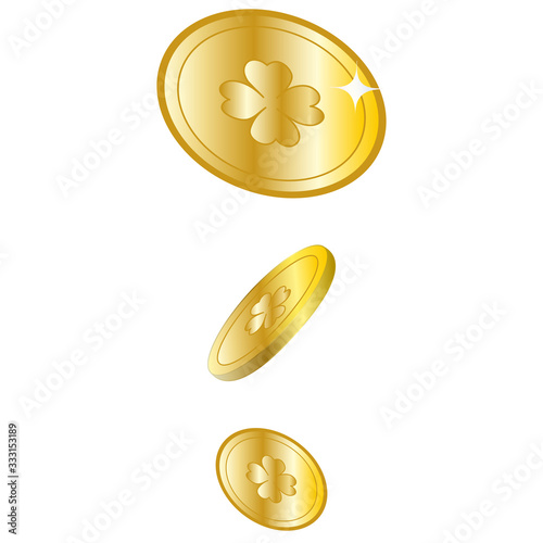 Color vector illustration. Lucky coins in flight. Obverse. Emblem on money in the form of a four-leaf clover. Gold on an isolated background. Idea for book, magazine, web design. Flat style.