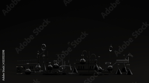 Glass Lab Equipment with Black Liquids Black Background 3d illustration 3d render