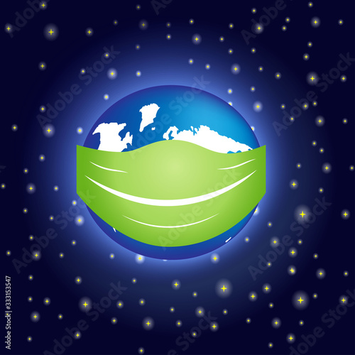 Planet Earth in space in a protective mask. Environmental pollution concept. Fine dust, air pollution, industrial smog, bio-pollution, viral, bactericidal pollution. Vector