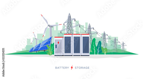 Renewable energy smart power grid system. Flat vector illustration of solar panels, wind turbines, battery storage, high voltage electricity power transmission grid and city skyline. 