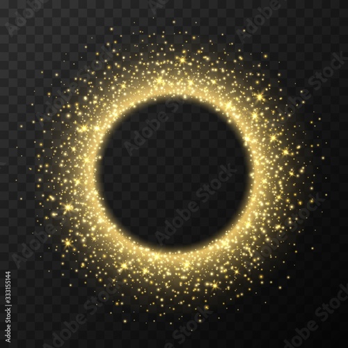 Golden circle frame with sparkles and flares, abstract luminous particles, yellow stardust light effect isolated on a dark background. Xmas glares and sparks. Luxury backdrop. Vector illustration.