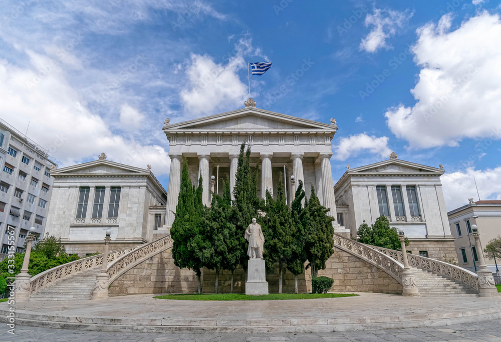 Athens Greece, main facade of the natiomal library under blue sky with small clouds