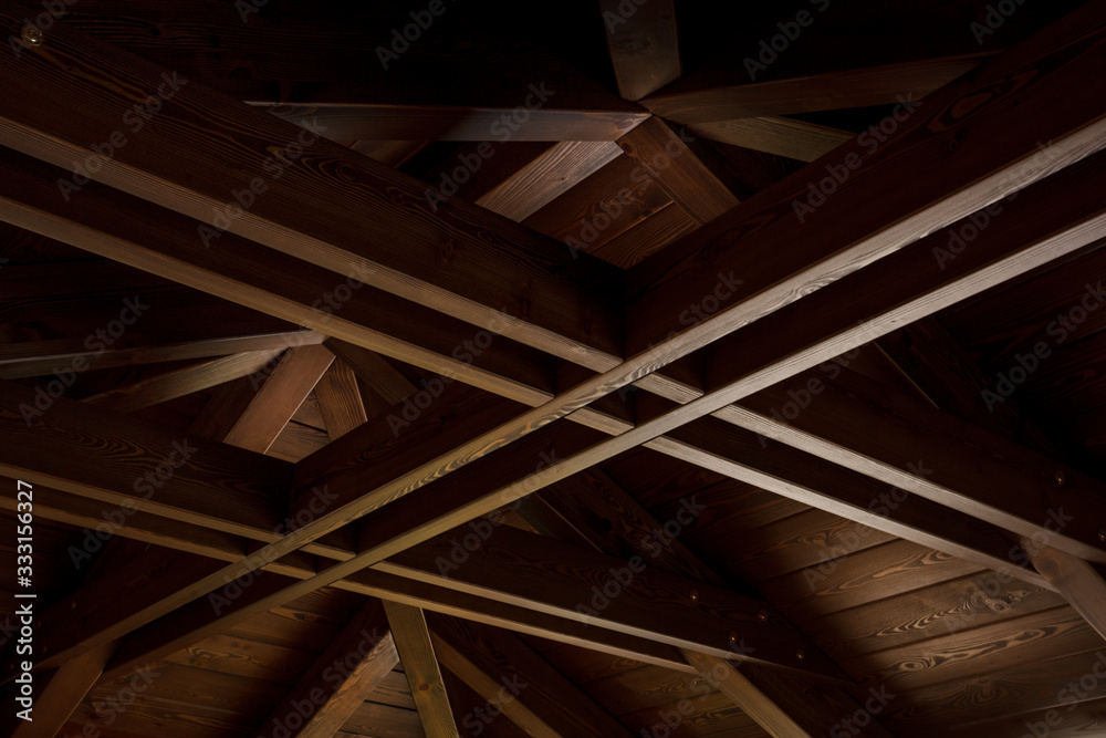 Roof rafters of the gazebo when viewed horizontally up.