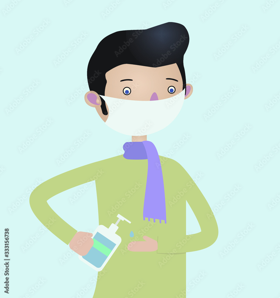 Man wear breathing mask use alcohol antiseptic gel to clean hands and prevent germs, sanitizer, health care, pandemic, epidemic infection, vector illustration in a flat style