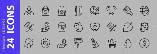 Ecology Icon Set, Vector lines, contains icons such as photosynthesis, Enviroment protection, Eco-friendly package, growth time, Editable stroke, perfect 48x48 pixels, White background