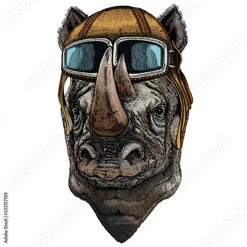 Rhinoceros, rhino portrait. Head of wild animal. Vintage aviator helmet with googles. photo