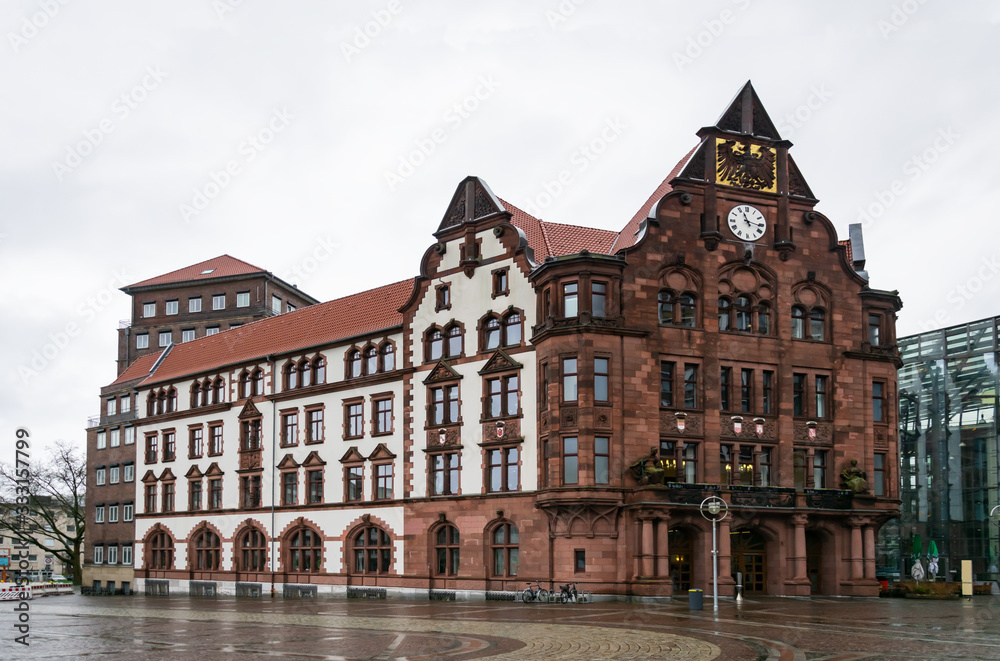The Old Town Hall of Dortmund. The building is located on Friedensplatz. Cloudy, rainy weather. No people in a virus