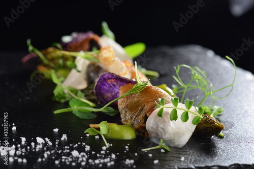 Photo Haute cuisine, Gourmet food scallops with asparagus and lardo bacon