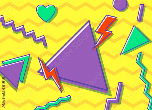 Vector geometric background in 90s and 80s style. Abstract set of elements with a frame in bright colors.
