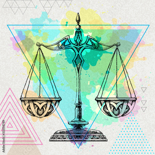 Realistic illustration of scales on artistic polygon watercolor background. Libra zodiac sign