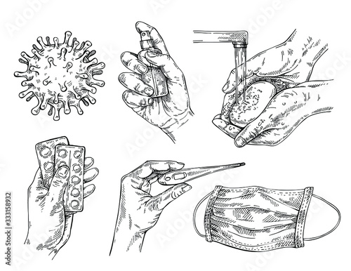 Protective measures against coronavirus/COVID-19. Hand washing,hand sanitizer, face mask, thermometer and pills. 