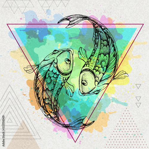 Hipster realistic koi fish illustration on artistic polygon watercolor background. Pisces zodiac sign