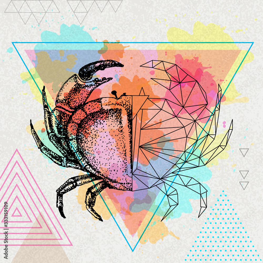 Obraz Hipster realistic and polygonal crab illustration on artistic watercolor background