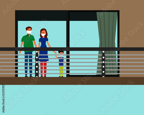 corona virus stay home, family wearing mask on balcony home, husband, wife, kid, staying outside, isolation, self quarantine, indoors, safety