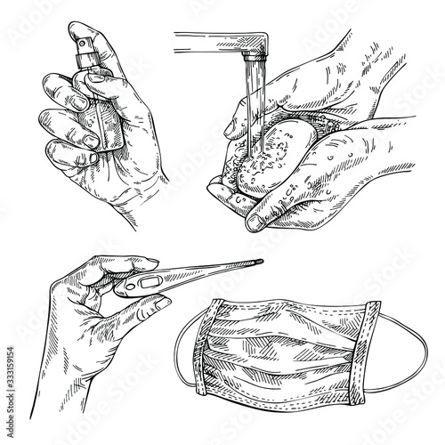 Protective measures against coronavirus/COVID-19. Hand washing,hand sanitizer, face mask, thermometer and pills. 