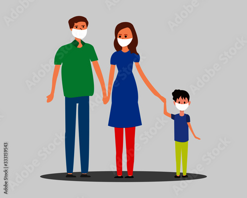 corona virus stay home, family wearing mask in house, husband, wife, kid, staying outside, isolation, self quarantine, indoors, safety