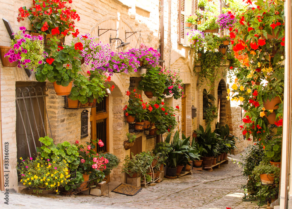 Obraz Medieval street of Spello decorated with flowers