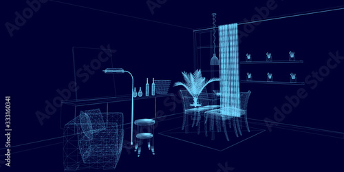 Wireframe of the interior from blue lines on a dark background. Living room with armchair, table and flowers. View perspective. 3D. Vector illustration