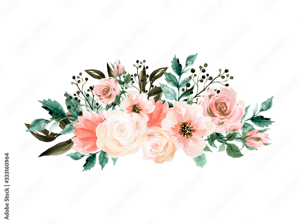 watercolor elegant vintage bouquet green teal pink blush flower gold and  black boyanical Stock Illustration | Adobe Stock