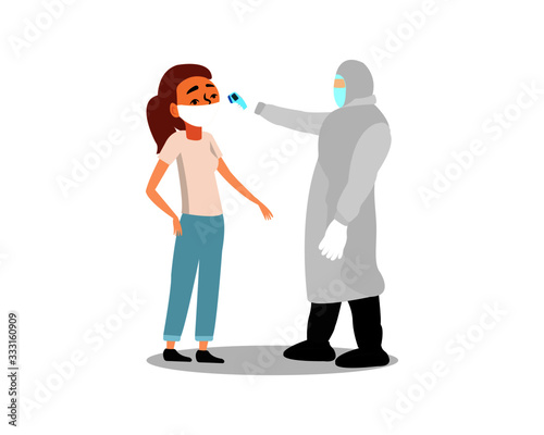 corona virus doctor scanning girl, stay home vector art flat design female, man staying outside, isolation, self quarantine, indoors, safety