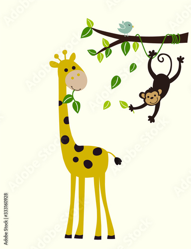 Hanging Monkey on a Tree Branch, Bird and Giraffe Vector Illustration