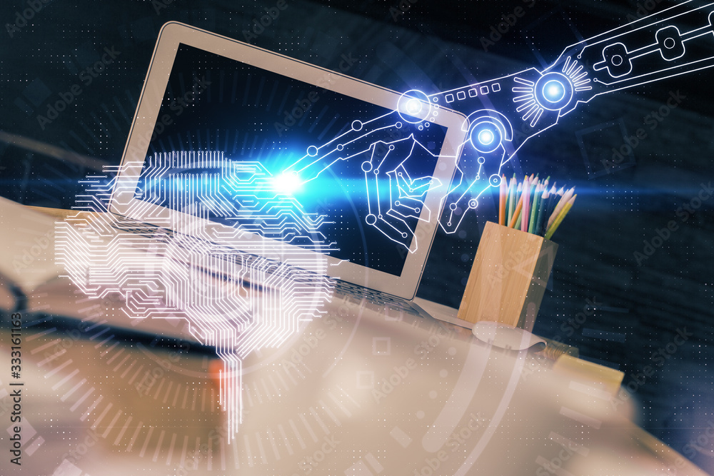 Multi exposure of work space with computer and human brain hologram. Brainstorm concept. Multi exposure of work space with computer and human brain hologram. Brainstorm concept.