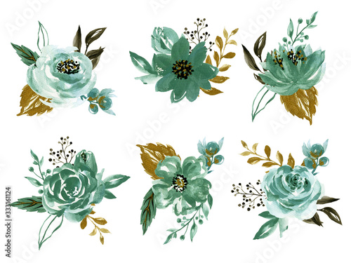 Foto Watercolor illustration Botanical rose teal and gold black peony bunch foliage r