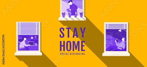 Stay Home, Social Distancing , Stop Covid-19 concept , People keeping distance for infection risk and disease, Coronavirus, Cartoon Character, Vector Illustration.