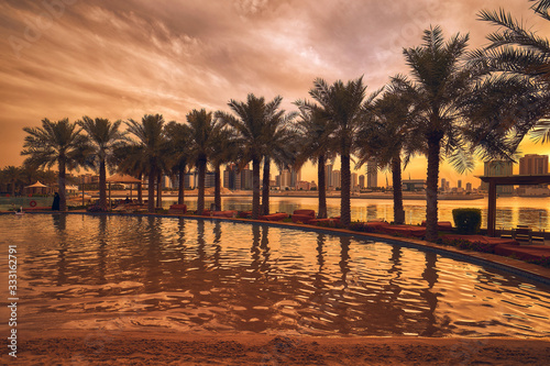 Colorful sunset at at Reef island in Bahrein 