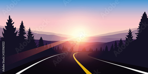 asphalt highway in a forest at sunrise purple travel landscape vector illustration EPS10