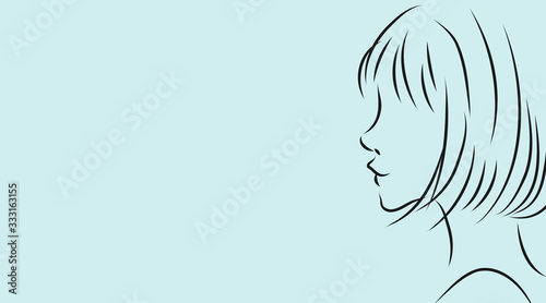 女性の横顔。水色背景のシンプルおしゃれイラスト