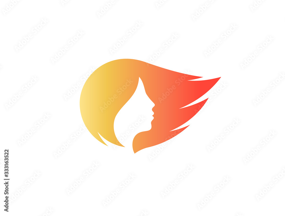 Woman's face profile silhouette isolated vecor logo. Orange streaming hair logotype. Hair care cosmetc symbol. Hairdresser's sign. Woman's face profile silhouette isolated vecor logo. Orange streaming hair logotype. Hair care cosmetc symbol. Hairdresser's sign.