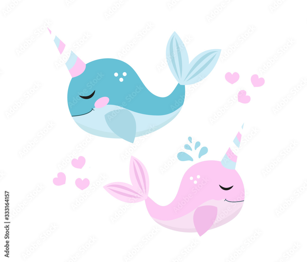 Little whale unicorn set, modern cartoon style. Vector illustration Little whale unicorn set, modern cartoon style. Vector illustration