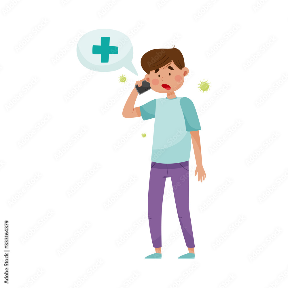 Young Man Character Speaking by Phone with Microbes Floating Around Vector Illustration Young Man Character Speaking by Phone with Microbes Floating Around Vector Illustration