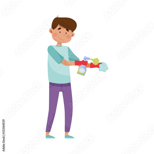 Man Character Using Detergent to Keep Surfaces and Objects Clean Vector Illustration
