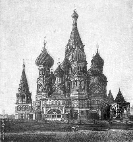 St basils cathedral at Red Square in Moscow   Old Antique illustration from Brockhaus Konversations-Lexikon 1908