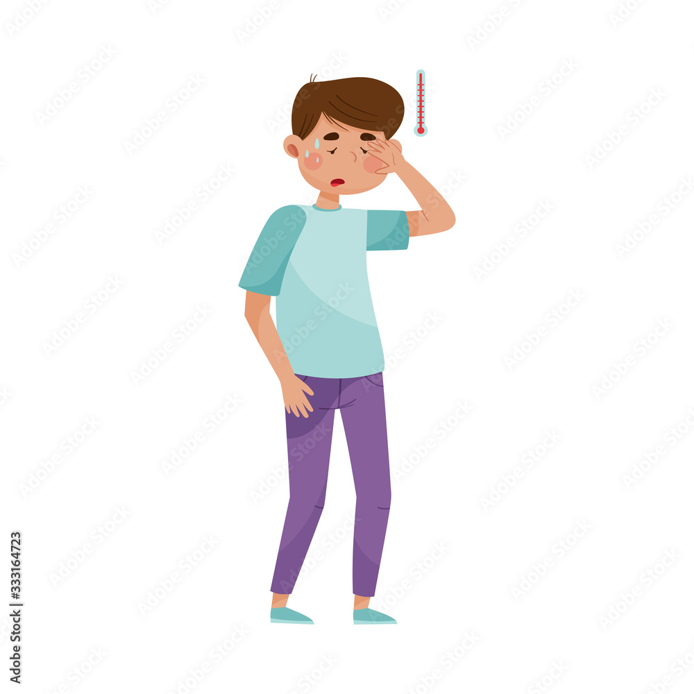 Young Man Suffering from Virus Symptom Like High Temperature Vector Illustration Young Man Suffering from Virus Symptom Like High Temperature Vector Illustration